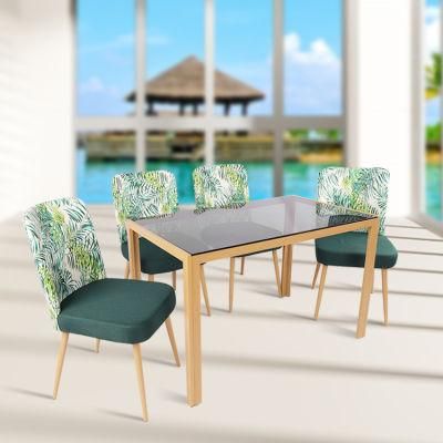 Factory Direct Modern Design Tempered Glass Table Set with 4 Velvet Fabric Chairs