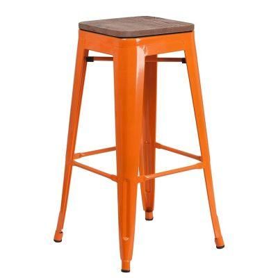Hot Sale Stackable Backless Wood Seat Metal Vintage Industrial High Bar Chairs Bar Stools