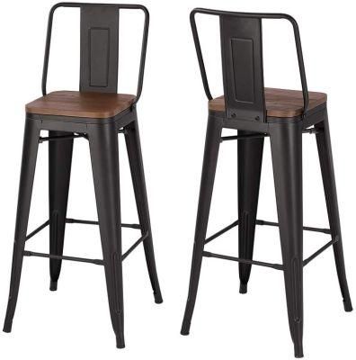 Cheap Italian Design Restaurant Commercial Industrial Vintage Antique Iron Black High Metal Bar Stool with Wood Seat