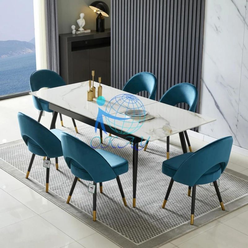 2022 Okay Best Seller High Gloss Italia Ceramic Dining Table with Metal Legs Lift Middle Top