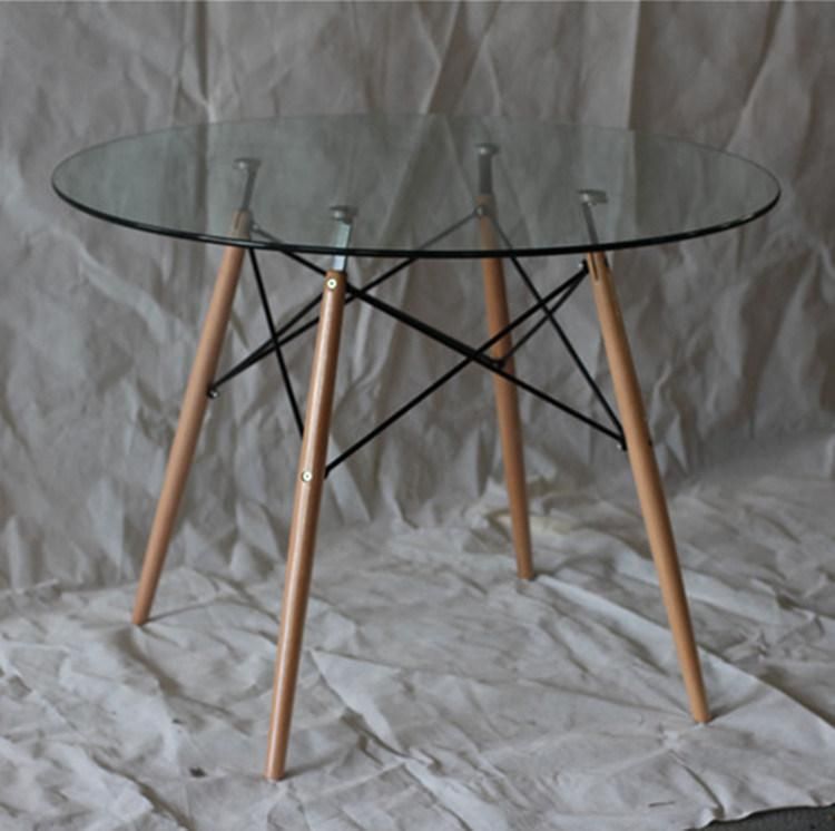 Modern Style Clear Glass Table Kitchen Coffee Table with Wood Legs