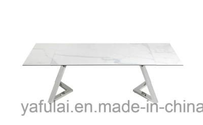 Modern Extension Tempered Glass Ceramic Top Stainless Steel Dining Table