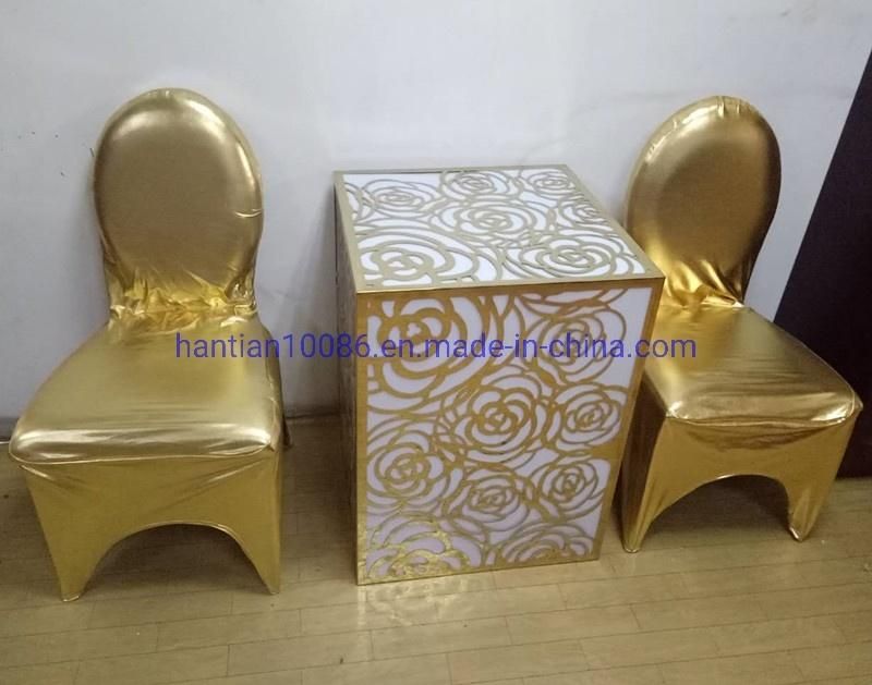 Cheap Gold Cover and LED Box Square Wedding Table Set Banquet Living Room Chairs