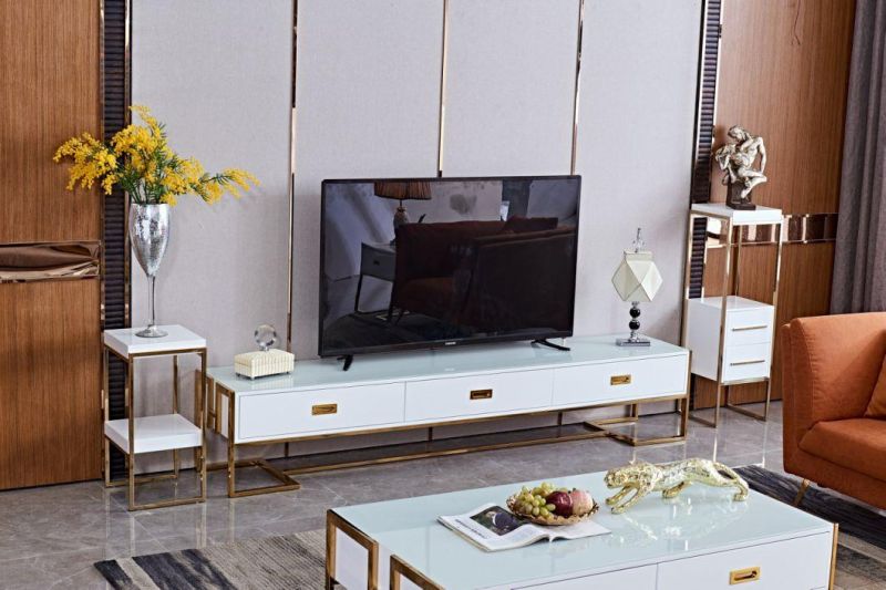 Modern Design Round Artificial Marble Top Tea Table Steel Coffee Table White Coffee Table with Drawers High Gloss Classic Center Table