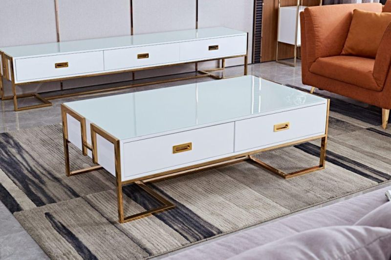 Modern Design Round Artificial Marble Top Tea Table Steel Coffee Table White Coffee Table with Drawers High Gloss Classic Center Table