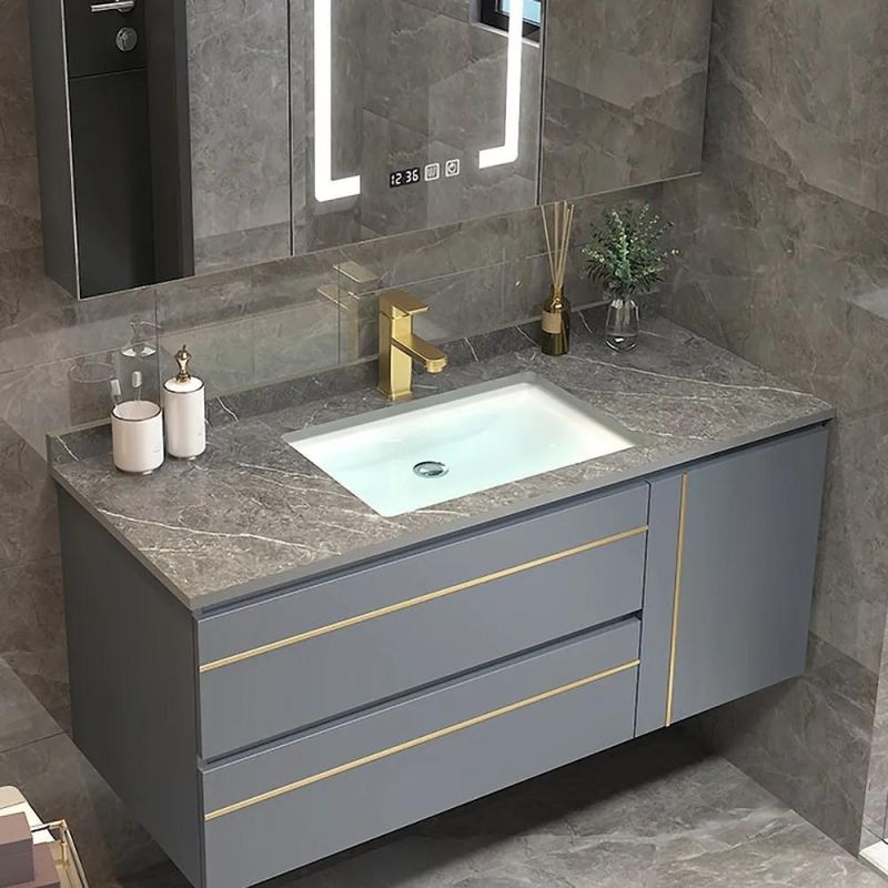 Green Floating Bathroom Vanity Stone Top Ceramics Undermount 1 Drawer & Shelf