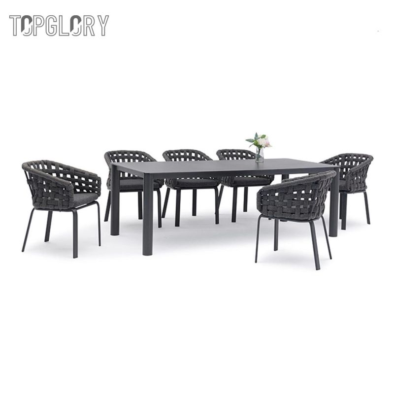 Outdoor Garden Rattan Furniture PVC Rubber Webbing Weaving Dining Table and Chairs for 6 People Seater