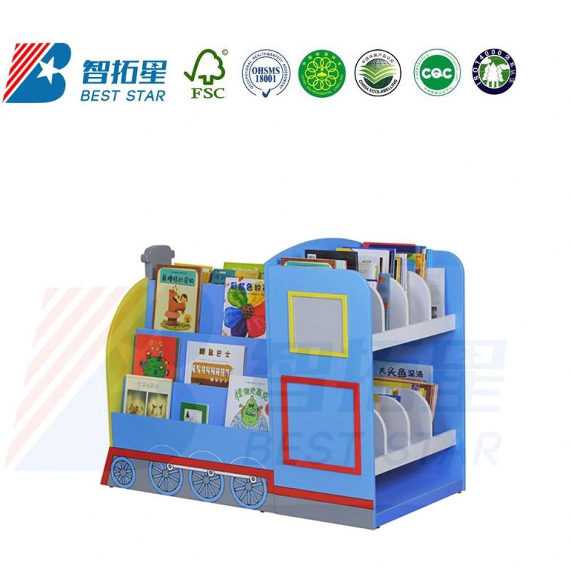 Movable Cartoon Design Kids Bookcase Bookshelf, Kindergarten and Preschool Furniture, School Library Book Rack, Children Wooden Display Bookshelf-Thomas