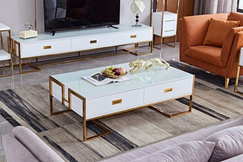 Modern Design Round Artificial Marble Top Tea Table Steel Coffee Table White Coffee Table with Drawers High Gloss Classic Center Table