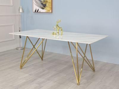 Luxury Design Hotel Restaurant Home Gilded Legs Tempered Glass Marble Dining Table for Living Room