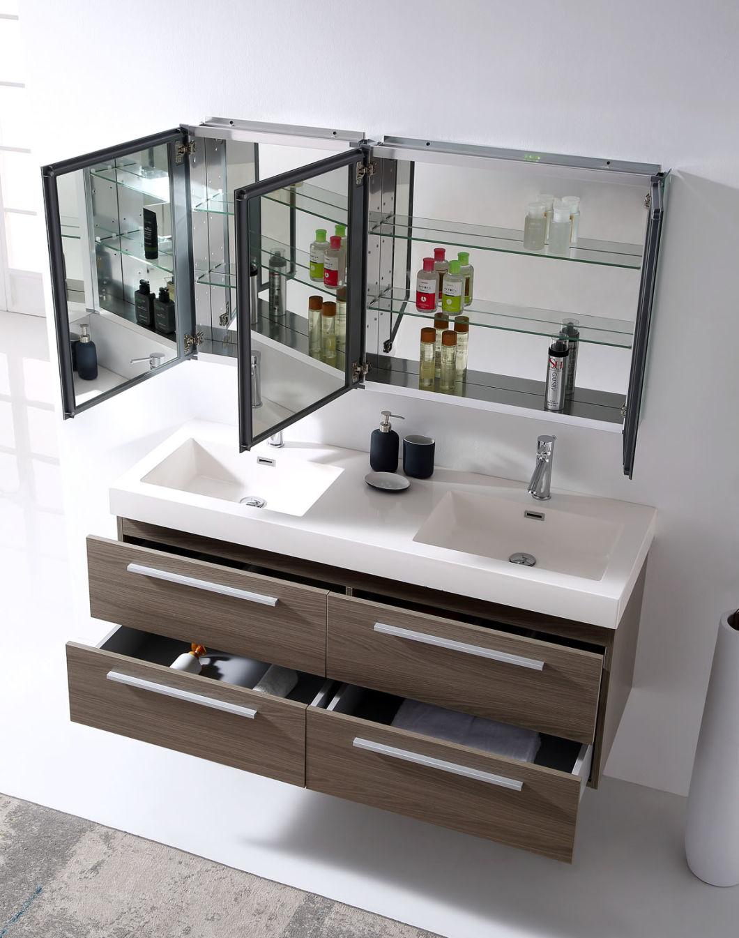 Simple European Classic Hotel or Home Use Plywood Melamine Four Drawers Mirror Cabinet Bathroom Cabinet Vanity Furniture with Double Ceramic or Resign Sinks