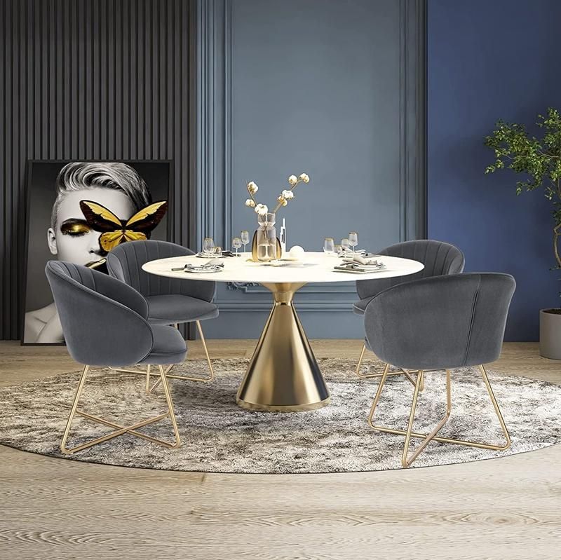 French Style Golden Chrome Cross Legs Grey Velvet Fabric Dining Chairs