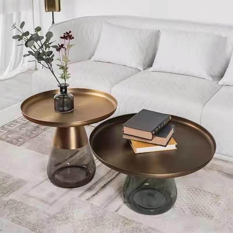 Italian Modern Luxury Golden Stainless Steel Top Color Glass Big Round Bottle Centre Coffee Table for Dining Room