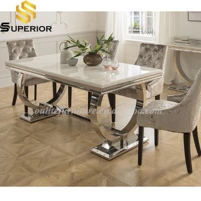 Cream Marble Top Dining Table 6 Seater with Steel Base