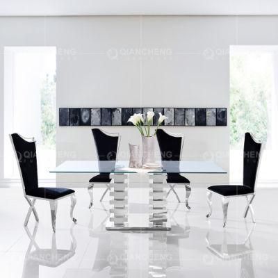 Modern Tempered Glass Stainless Steel Dining Table with 6chairs