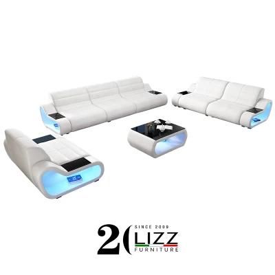 Modern Leisure Sectional Home furniture Set Genuine Leather Sofa with LED Light and Coffee Table
