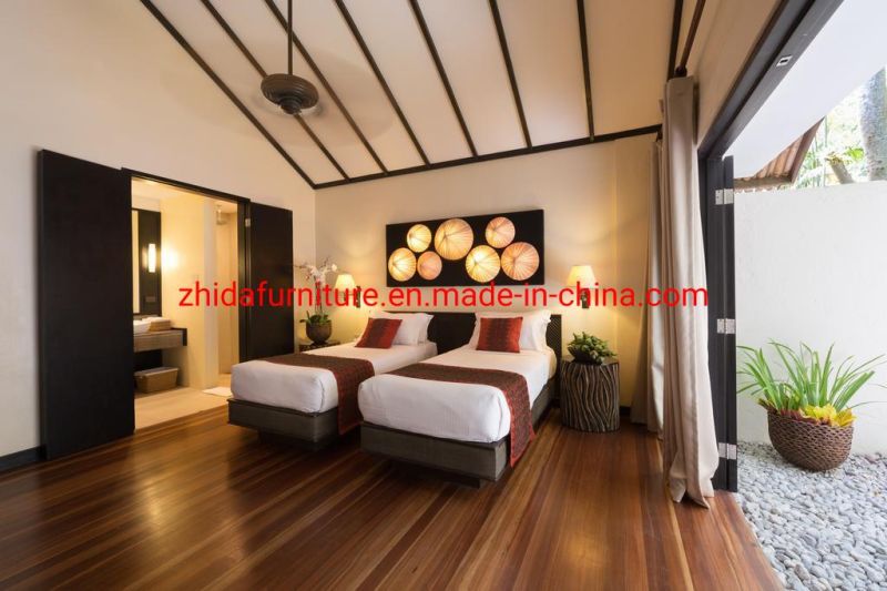 Zhida Custom Made Serviced Apartment Hotel Bedroom Furniture Queen Size Wooden Bed with Velvet Headboard Wall