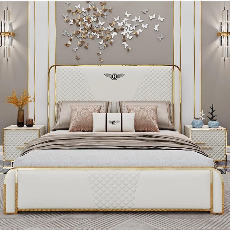 Luxury Bedroom Furniture Modern Upholstered Leather Italian Bed with Storage King Size White Leather Bed
