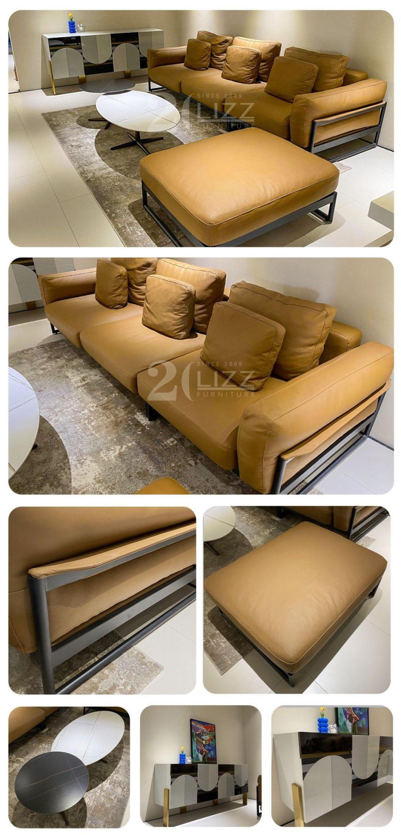 Italian Design Modern Geniue Leather Home Living Room Sofa with Cabinet Set