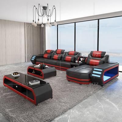 2021 Newest Arrivals Modern Living Room LED Red Couch Leisure Genuine Leather Home Sofa Set with Bluetooth Speaker