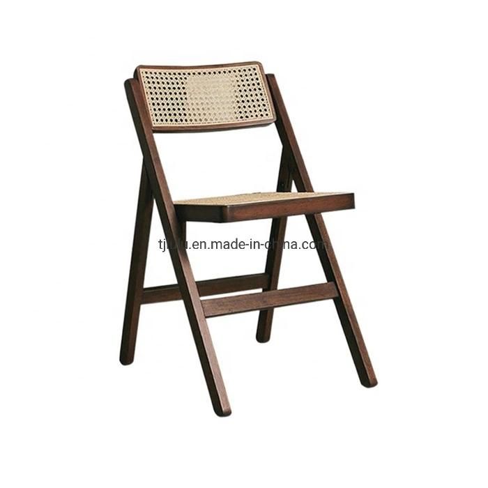 Nordic Furniture Wooden Rattan Folding Dining Chair Natural Rattan Seat