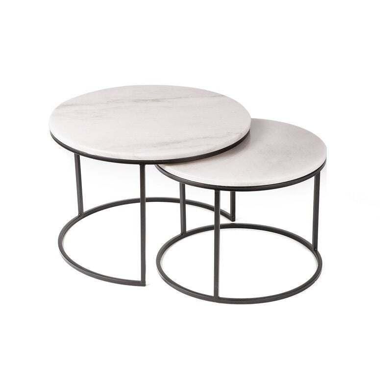 Round Nesting Coffee Table Set, Modern Accent Table Table with Faux Marble Glasses Top and Metal Frame for Living Room, (White & Black)