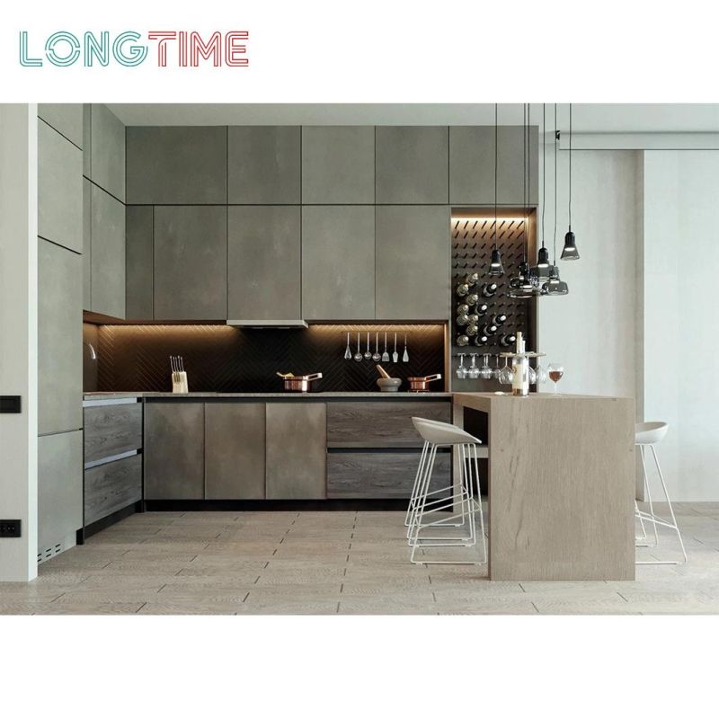 Modern Apartment Modular Furniture Handleless Wood Grain Design Door Corner Cupboard Kitchen Cabinets for Home