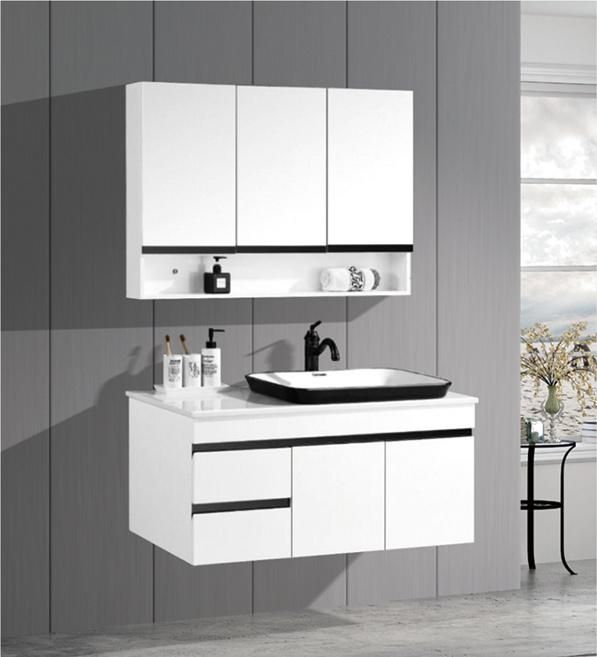 Hotel Style PVC Bathroom Cabinet with Ceramic Single Sink and Side Cabinet