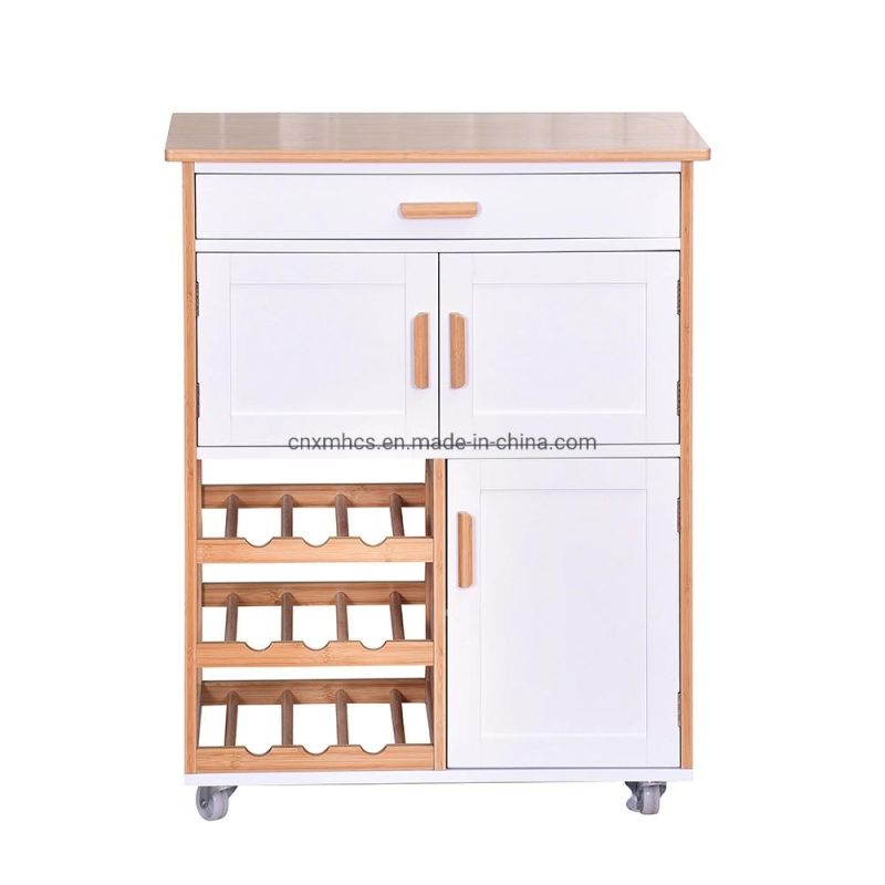 Bamboo Wooden Rolling Trolley Modern Kitchen Islands Cart Kitchen Cabinet with Wine Rack & Wheels Wood Products Household Storage Rack