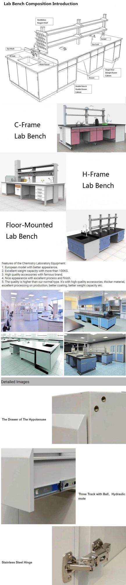 Wholesale Custom Chemistry Steel Lab Furniture with Top Glove Box, Fashion School Steel Lab Bench with Wheels/