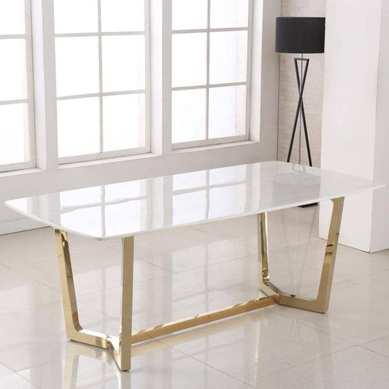 Modern Golden Frame Tempered Glass Faux Marble Dining Table Restaurant for Home Living Room Furniture