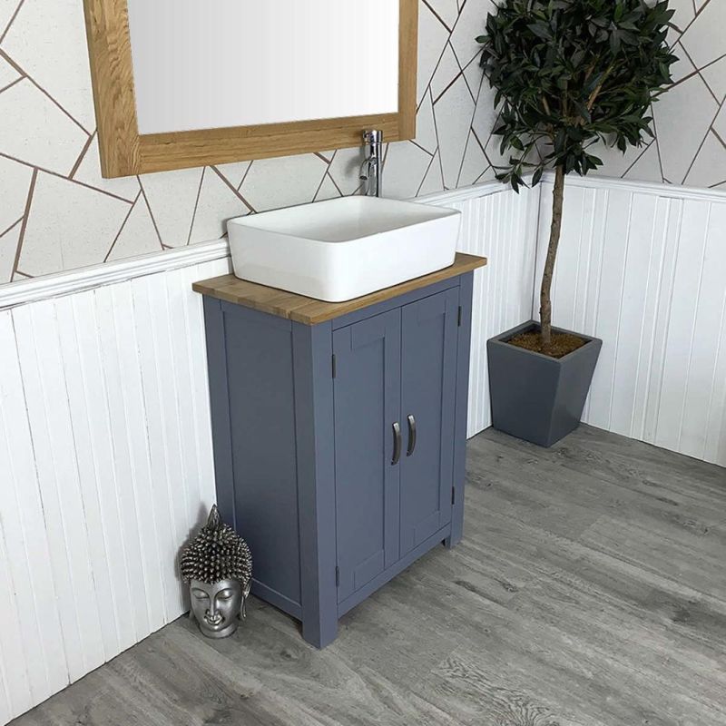 Grey Paint Dressing Oak Floor Type Bathroom Cabinet with Ceramic Sink on The Table
