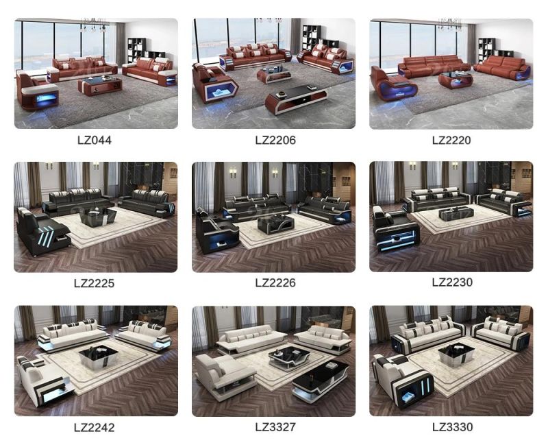 Modern Leisure Sectional Home furniture Set Genuine Leather Sofa with LED Light and Coffee Table