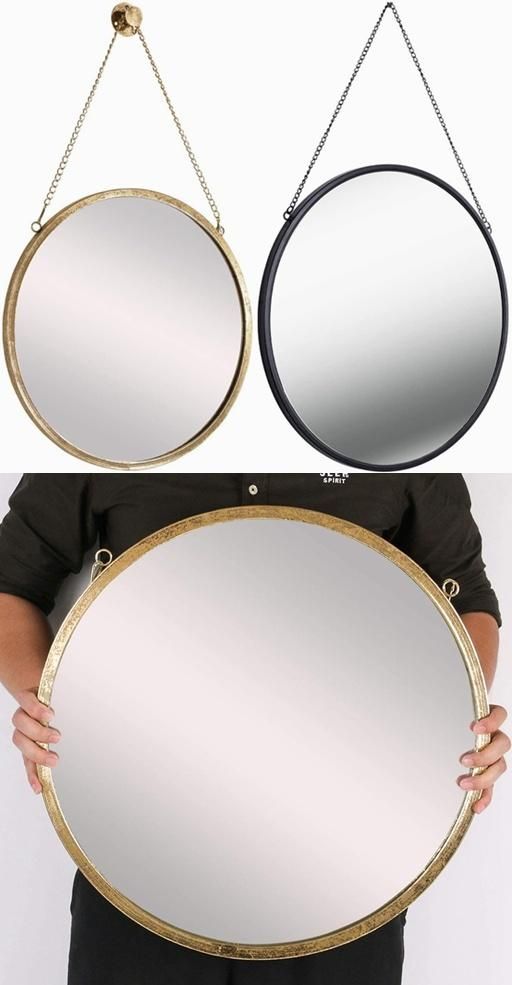 Decor Wall Hanging Mirror Black/Gold Round Mirror Wall-Mounted Circle Metal Mirror with Hanging Chain for Home Bathroom Bedroom Living Room