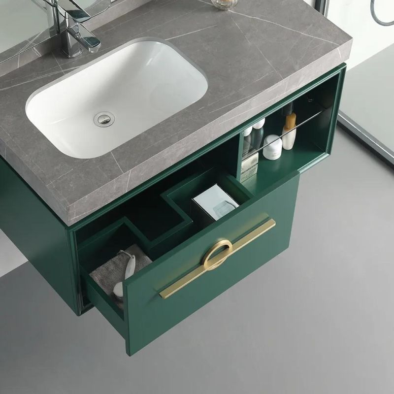 Green Floating Bathroom Vanity Stone Top Ceramics Undermount 1 Drawer & Shelf