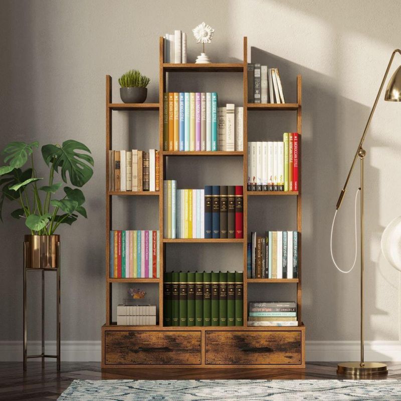 Bookshelf with 2 Wooden Drawers, Rustic Wood Bookshelves, Free Standing Book Shelf Industrial Shelf Free Standing Storage Shelf for Bedroom, Living Room