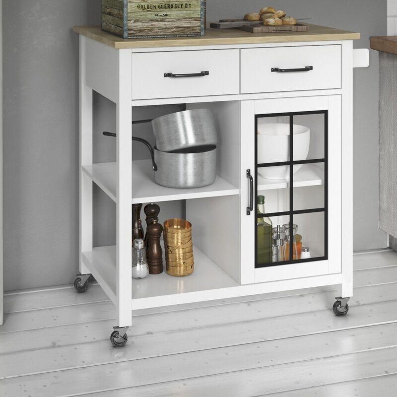 American Home Styles 2 Drawer 1 Door Rolling Kitchen Cart with Solid Wood Top