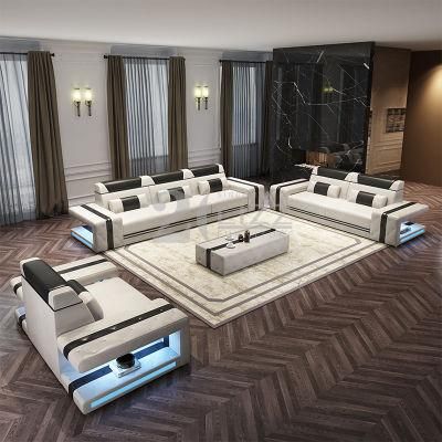 Modern Luxury Leisure Lounges Suite Genuine Leather Sofa Set with LED for Home Living Room Furniture