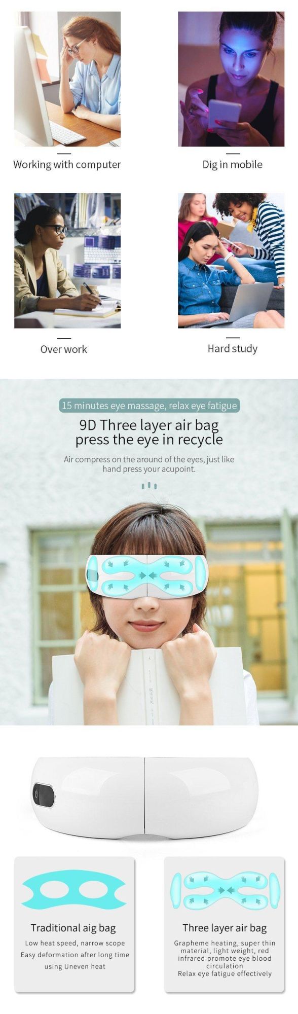 Improve Sleep Heat Compression Air Pressure Eye Therapy Massager Wireless Music Rechargeable Electric Smart Eye Massager