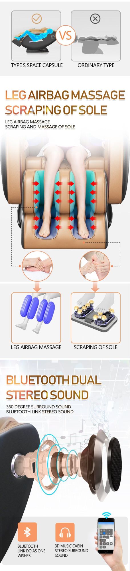 High Quality L Track Irest Induction Bearing Heater Massage Chair