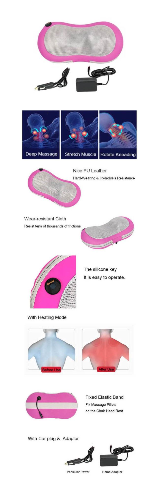 Hot Sale Full Body Head Back Rolling Kneading Massager/Shiatsu Infrared Vibrating Neck Massage Pillow with Heat