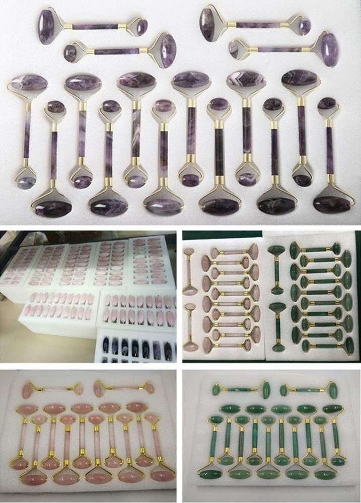 Natural Green Unique Jade Roller Massage Face Eye Beauty Double Roller Set