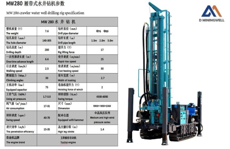 D Miningwell MW280 Steel Crawler Water Well Drilling Rigs Machine 280m Depth Undergroud Borehole Drilling Rig