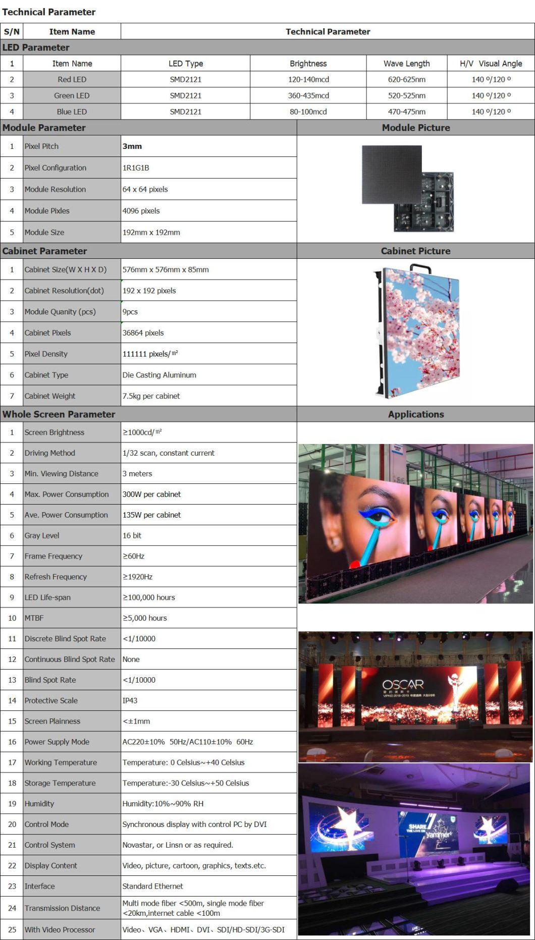 Slim Die-Casting P3 Rental Indoor Outdoor Full Color LED Video Wall for Stage Performance
